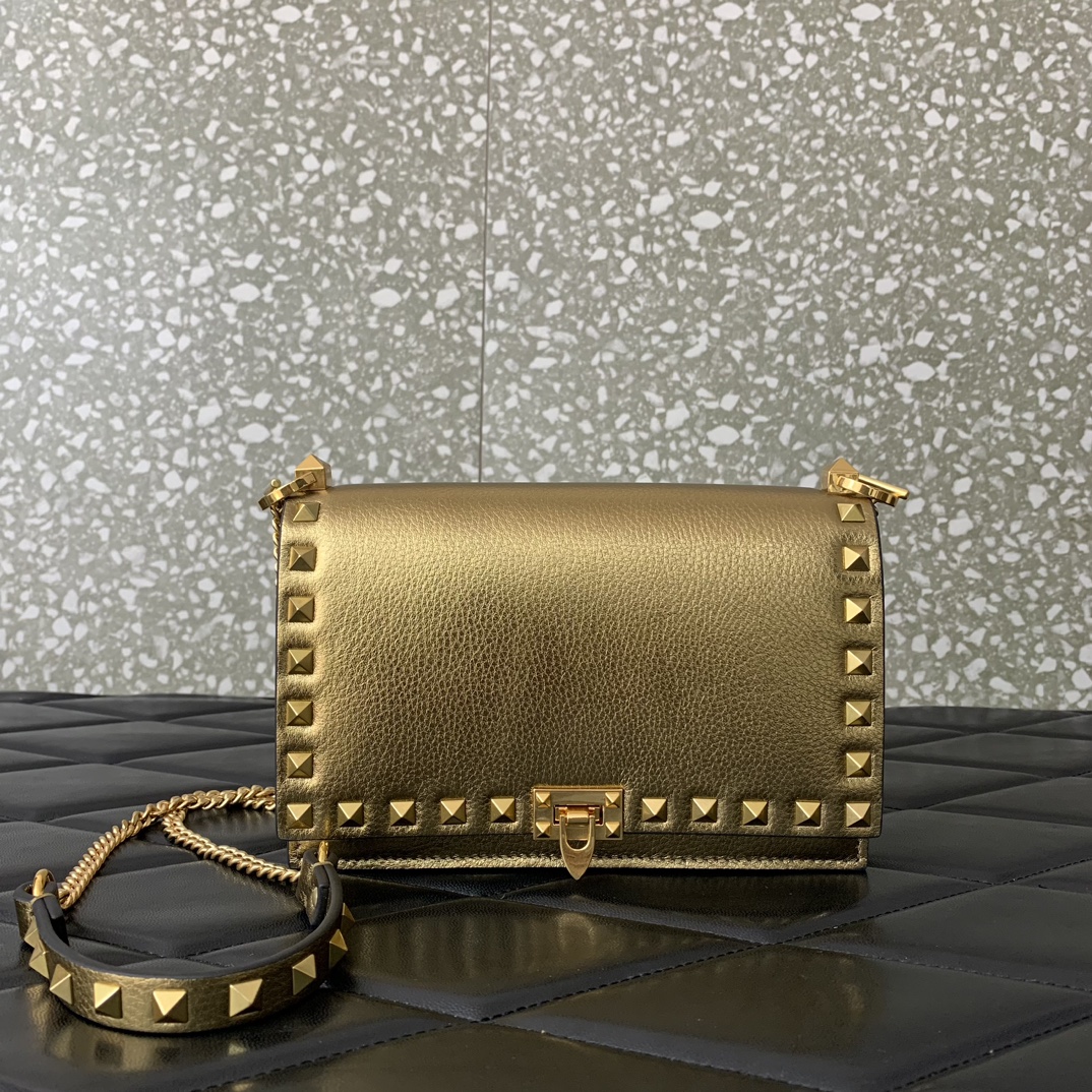 Valentino Garavani Rockstud Small Shoulder Bag in Gold Grainy Calfskin